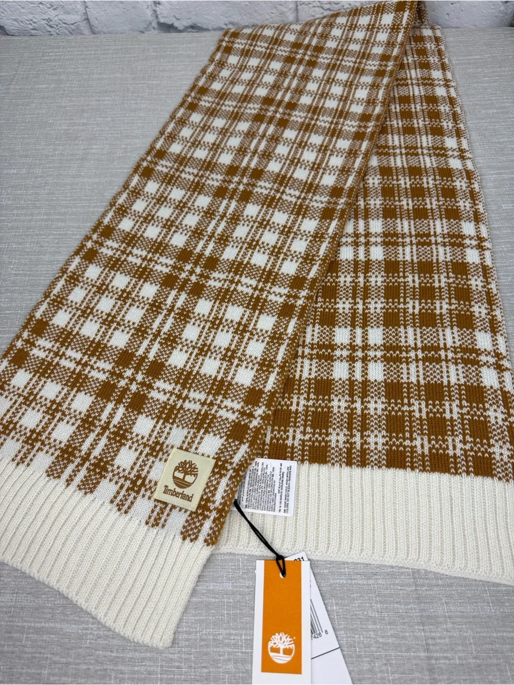 Timberland Brown & White Plaid Knit Scarf